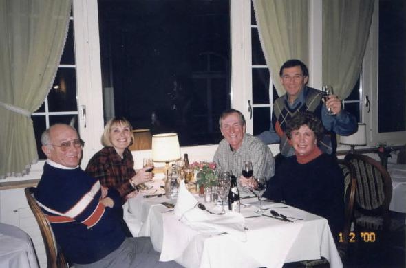 Hotel St Georges dining -- George Zickler, Donna Crossley, Jim Thompson, Bob Ulrich, Flo Brondel
